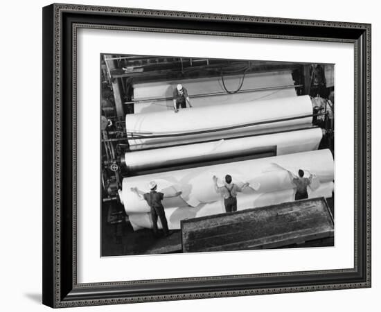 20 Ft. Roll of Finished Paper Arriving on the Rewinder, Ready to Be Cut and Shipped from Paper Mill-Margaret Bourke-White-Framed Photographic Print