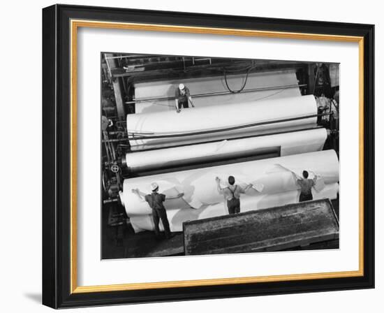 20 Ft. Roll of Finished Paper Arriving on the Rewinder, Ready to Be Cut and Shipped from Paper Mill-Margaret Bourke-White-Framed Photographic Print