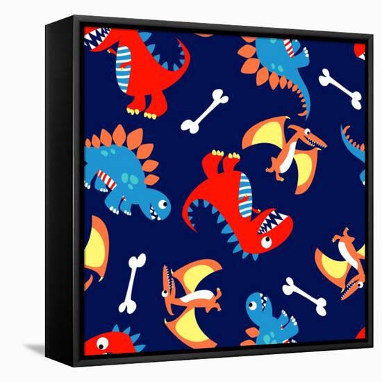 3 Cute Dinosaurs in a Seamless Pattern-Adam Fahey-Framed Stretched Canvas