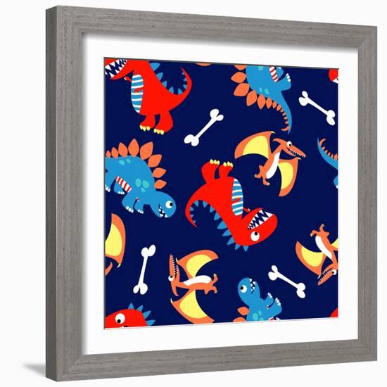 3 Cute Dinosaurs in a Seamless Pattern-Adam Fahey-Framed Art Print