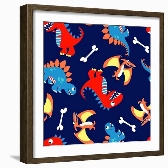 3 Cute Dinosaurs in a Seamless Pattern-Adam Fahey-Framed Art Print