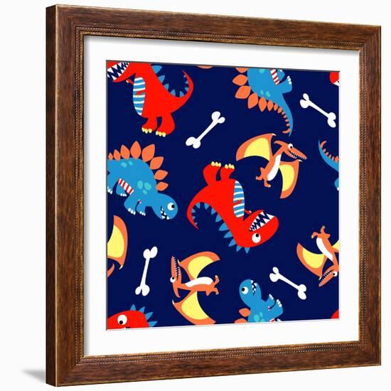 3 Cute Dinosaurs in a Seamless Pattern-Adam Fahey-Framed Art Print