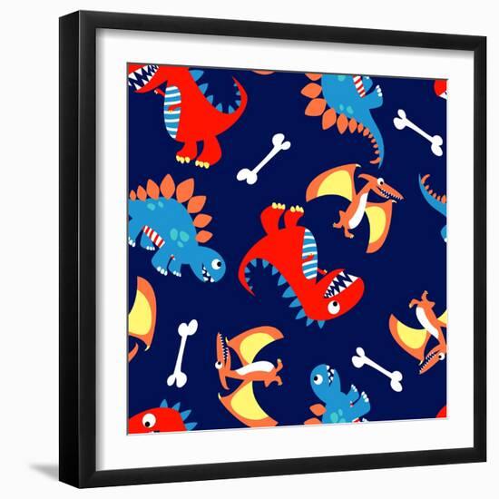 3 Cute Dinosaurs in a Seamless Pattern-Adam Fahey-Framed Art Print