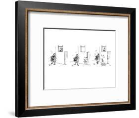 3 drawings. A man plays a accordion beneath a window. The man in window l? - New Yorker Cartoon-George Booth-Framed Premium Giclee Print
