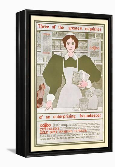 3 Greatest Requisites Of An Enterprising Housekeeper-Copco, Cottolene, Gold Dust Washing Powder-Maxfield Parrish-Framed Stretched Canvas