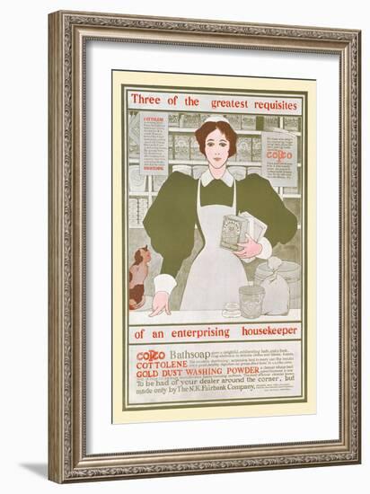 3 Greatest Requisites Of An Enterprising Housekeeper-Copco, Cottolene, Gold Dust Washing Powder-Maxfield Parrish-Framed Art Print