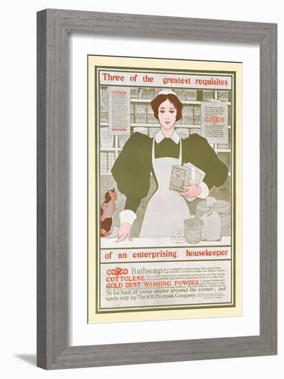 3 Greatest Requisites Of An Enterprising Housekeeper-Copco, Cottolene, Gold Dust Washing Powder-Maxfield Parrish-Framed Art Print