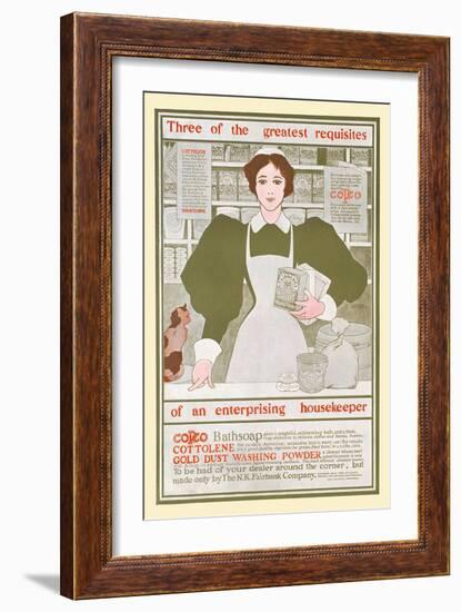 3 Greatest Requisites Of An Enterprising Housekeeper-Copco, Cottolene, Gold Dust Washing Powder-Maxfield Parrish-Framed Art Print