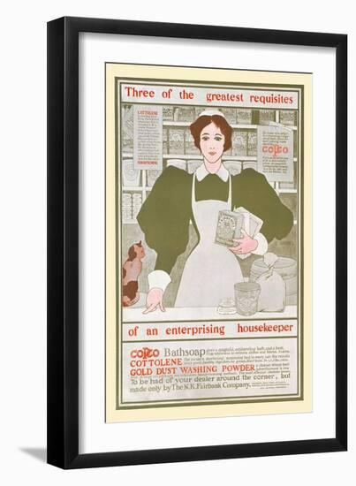 3 Greatest Requisites Of An Enterprising Housekeeper-Copco, Cottolene, Gold Dust Washing Powder-Maxfield Parrish-Framed Art Print