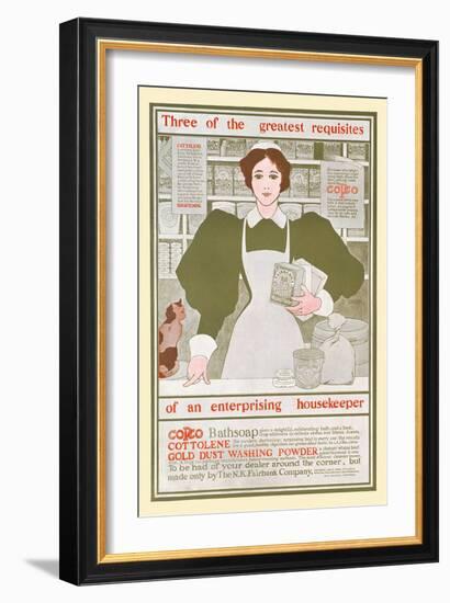 3 Greatest Requisites Of An Enterprising Housekeeper-Copco, Cottolene, Gold Dust Washing Powder-Maxfield Parrish-Framed Art Print