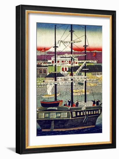 3 Masted Ship in Yokohama Harbor, Japanese Wood-Cut Print-Lantern Press-Framed Art Print