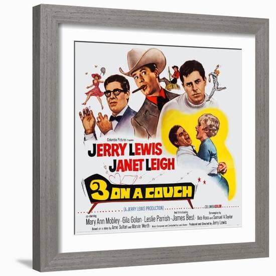 3 on a Couch, (Aka Three on a Couch), from Left: Jerry Lewis, Janet Leigh, 1966-null-Framed Premium Giclee Print