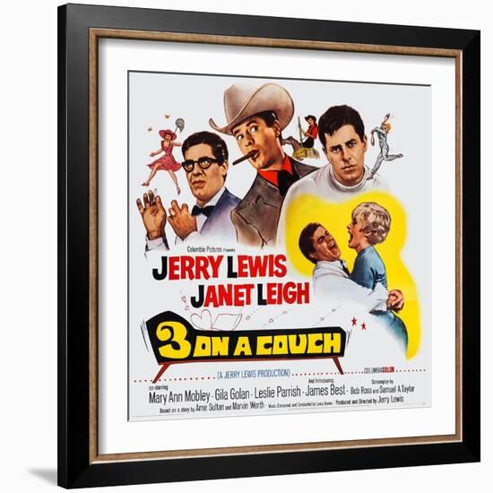 3 on a Couch, (Aka Three on a Couch), from Left: Jerry Lewis, Janet Leigh, 1966-null-Framed Premium Giclee Print