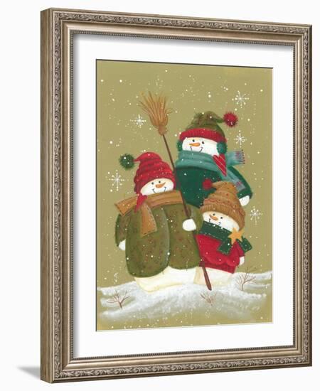 3 Snowmen Wearing Scarves and Jackets 1 Holding a Broom-Beverly Johnston-Framed Giclee Print