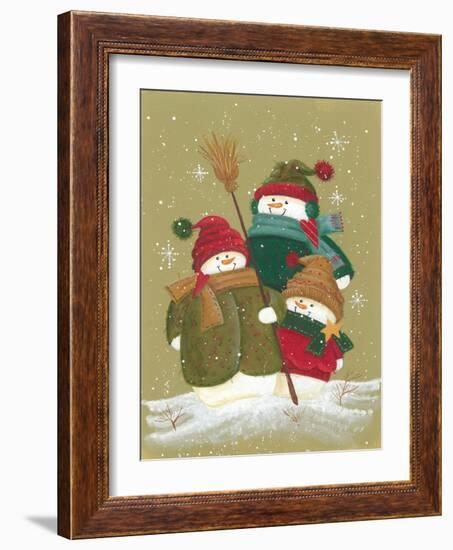 3 Snowmen Wearing Scarves and Jackets 1 Holding a Broom-Beverly Johnston-Framed Giclee Print