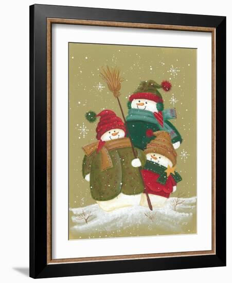 3 Snowmen Wearing Scarves and Jackets 1 Holding a Broom-Beverly Johnston-Framed Giclee Print