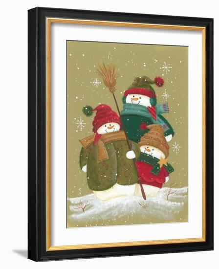 3 Snowmen Wearing Scarves and Jackets 1 Holding a Broom-Beverly Johnston-Framed Giclee Print