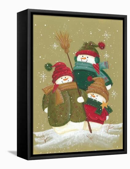 3 Snowmen Wearing Scarves and Jackets 1 Holding a Broom-Beverly Johnston-Framed Premier Image Canvas