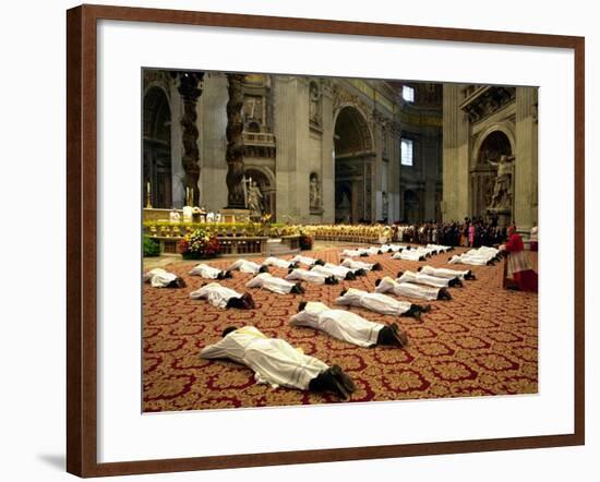 34 Deacons of the Rome Diocese Lay Before Pope John Paul II-null-Framed Photographic Print