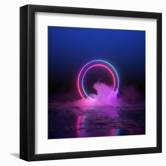 3D Render, Abstract Background, round Portal, Pink Blue Neon Lights, Virtual Reality, Circles, Ener-null-Framed Art Print