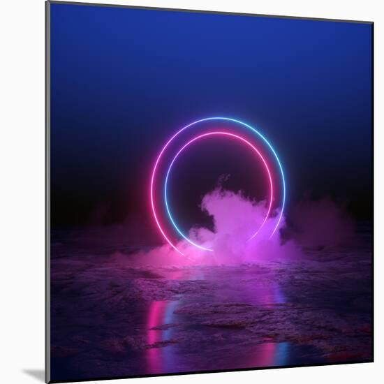 3D Render, Abstract Background, round Portal, Pink Blue Neon Lights, Virtual Reality, Circles, Ener-null-Mounted Art Print