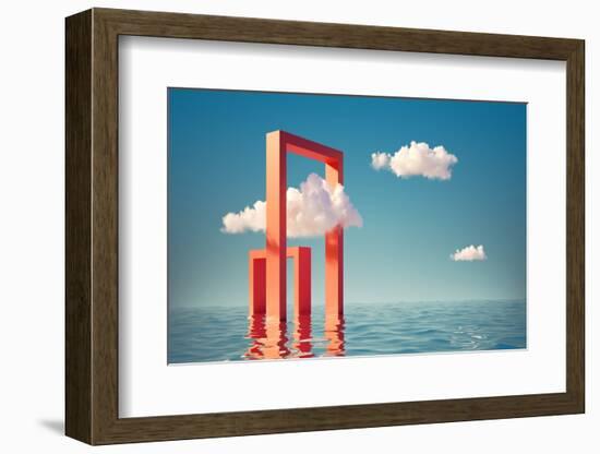 3D Render, Surreal Seascape with White Clouds Going into the Red Square Portals. Modern Minimal Abs-wacomka-Framed Photographic Print