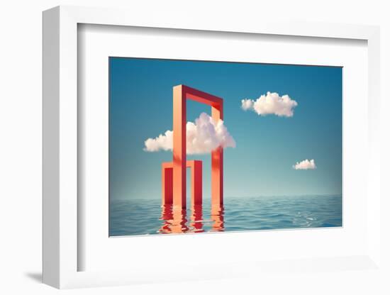 3D Render, Surreal Seascape with White Clouds Going into the Red Square Portals. Modern Minimal Abs-wacomka-Framed Photographic Print