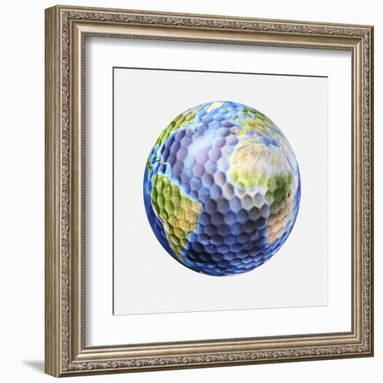 3D Rendering of a Planet Earth Golf Ball, White Background-null-Framed Art Print