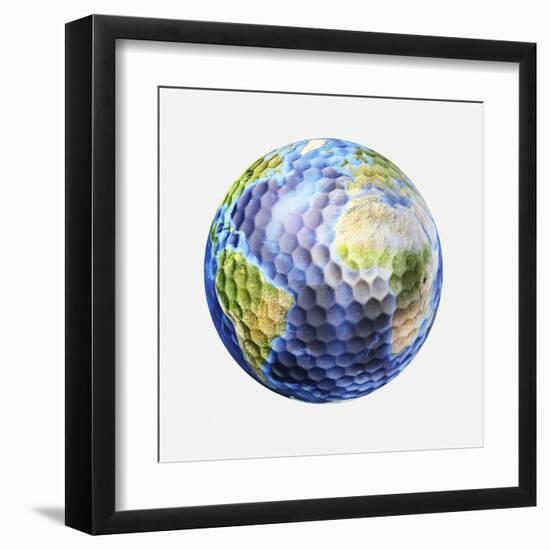 3D Rendering of a Planet Earth Golf Ball, White Background-null-Framed Art Print