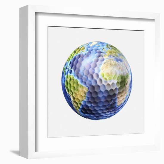 3D Rendering of a Planet Earth Golf Ball, White Background-null-Framed Art Print