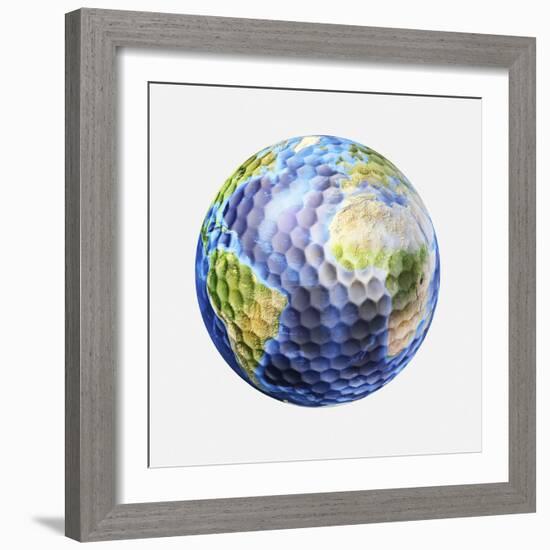 3D Rendering of a Planet Earth Golf Ball, White Background-null-Framed Art Print