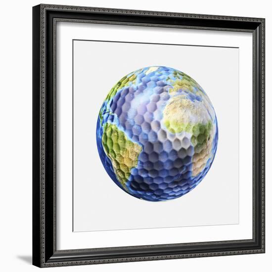 3D Rendering of a Planet Earth Golf Ball, White Background-null-Framed Art Print