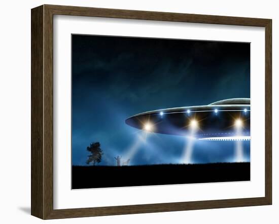 3D Rendering of Flying Saucer Ufo on Night Background-oorka-Framed Art Print