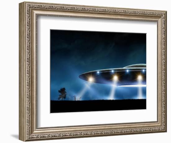 3D Rendering of Flying Saucer Ufo on Night Background-oorka-Framed Art Print