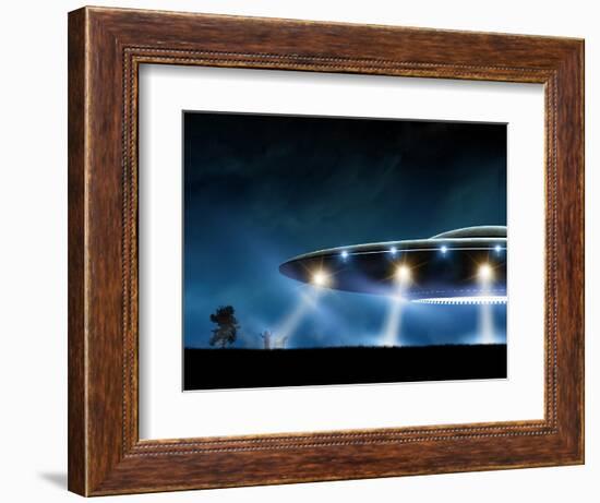 3D Rendering of Flying Saucer Ufo on Night Background-oorka-Framed Art Print