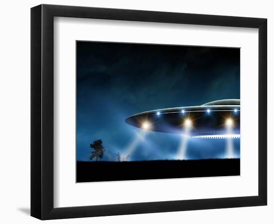 3D Rendering of Flying Saucer Ufo on Night Background-oorka-Framed Art Print