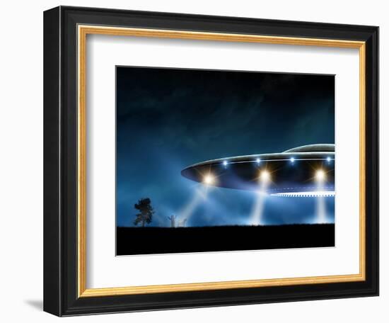 3D Rendering of Flying Saucer Ufo on Night Background-oorka-Framed Art Print