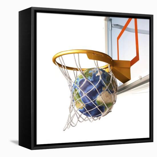 3D Rendering of Planet Earth Falling Into a Basketball Hoop-Stocktrek Images-Framed Premier Image Canvas