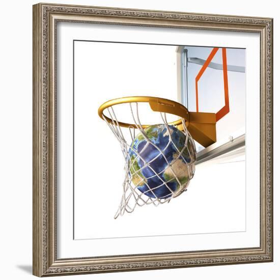 3D Rendering of Planet Earth Falling Into a Basketball Hoop-Stocktrek Images-Framed Photographic Print