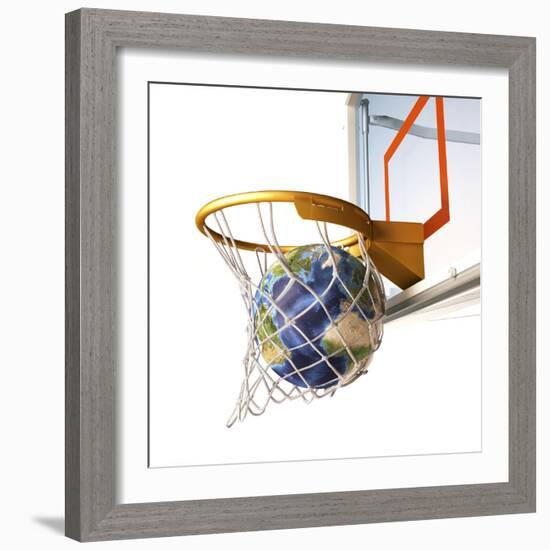 3D Rendering of Planet Earth Falling Into a Basketball Hoop-Stocktrek Images-Framed Photographic Print