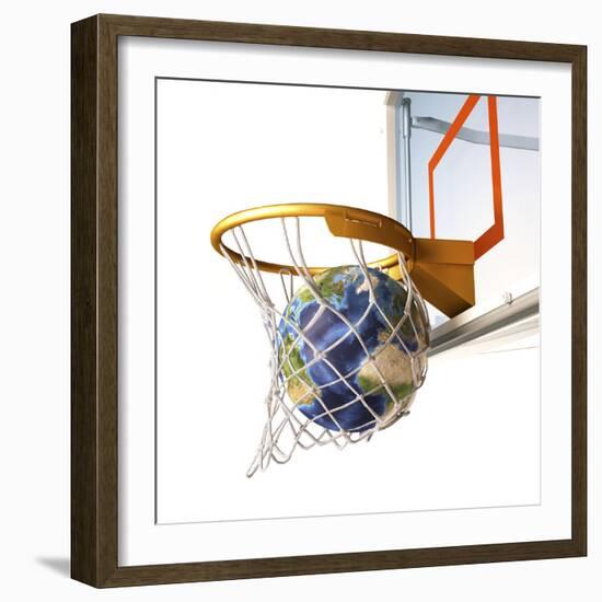 3D Rendering of Planet Earth Falling Into a Basketball Hoop-Stocktrek Images-Framed Photographic Print
