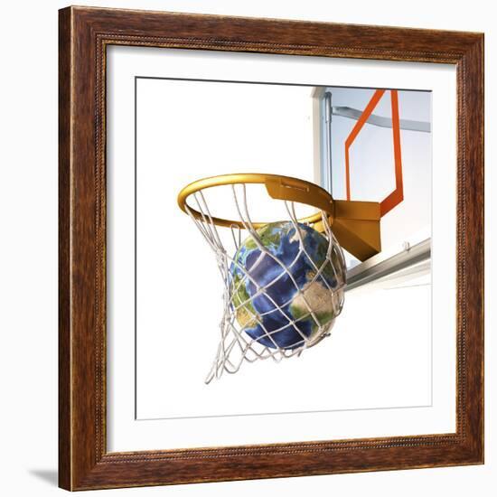 3D Rendering of Planet Earth Falling Into a Basketball Hoop-Stocktrek Images-Framed Photographic Print