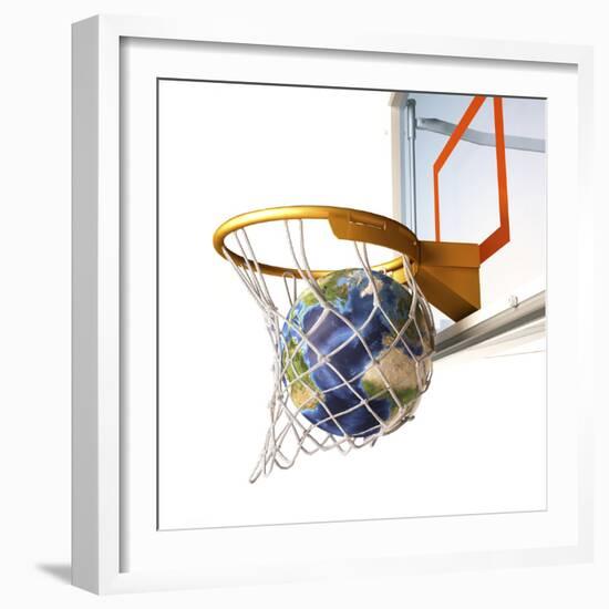 3D Rendering of Planet Earth Falling Into a Basketball Hoop-Stocktrek Images-Framed Photographic Print