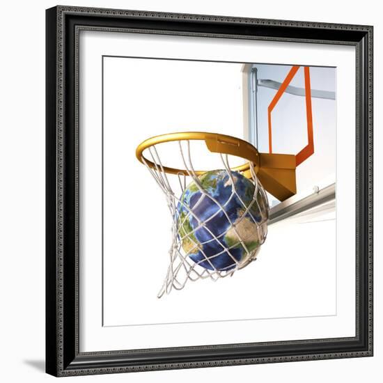 3D Rendering of Planet Earth Falling Into a Basketball Hoop-Stocktrek Images-Framed Photographic Print