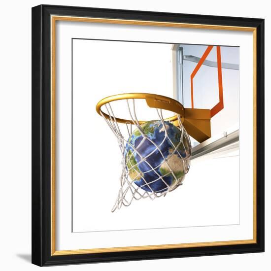 3D Rendering of Planet Earth Falling Into a Basketball Hoop-Stocktrek Images-Framed Photographic Print