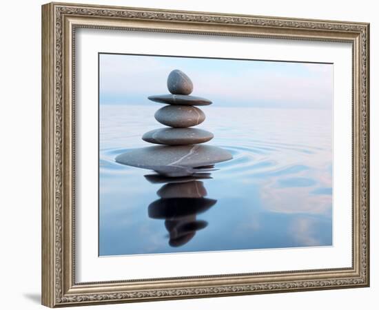 3D Rendering of Zen Stones in Water with Reflection - Peace Balance Meditation Relaxation Concept-f9photos-Framed Photographic Print