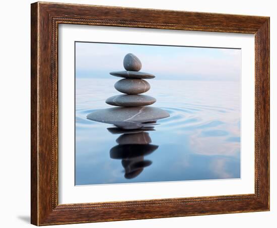 3D Rendering of Zen Stones in Water with Reflection - Peace Balance Meditation Relaxation Concept-f9photos-Framed Photographic Print