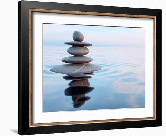 3D Rendering of Zen Stones in Water with Reflection - Peace Balance Meditation Relaxation Concept-f9photos-Framed Photographic Print