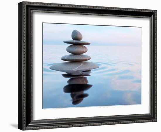 3D Rendering of Zen Stones in Water with Reflection - Peace Balance Meditation Relaxation Concept-f9photos-Framed Photographic Print