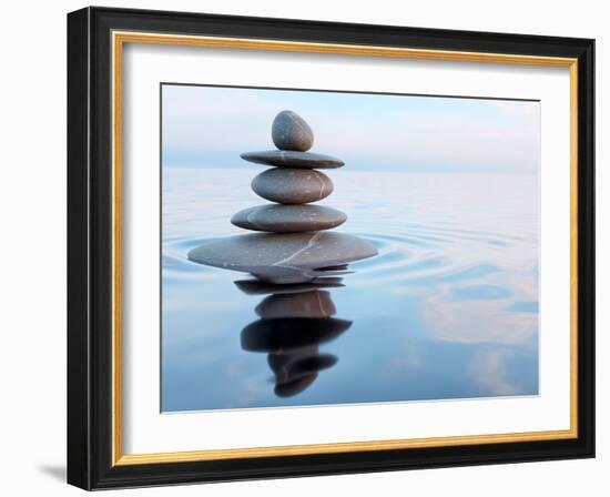 3D Rendering of Zen Stones in Water with Reflection - Peace Balance Meditation Relaxation Concept-f9photos-Framed Photographic Print